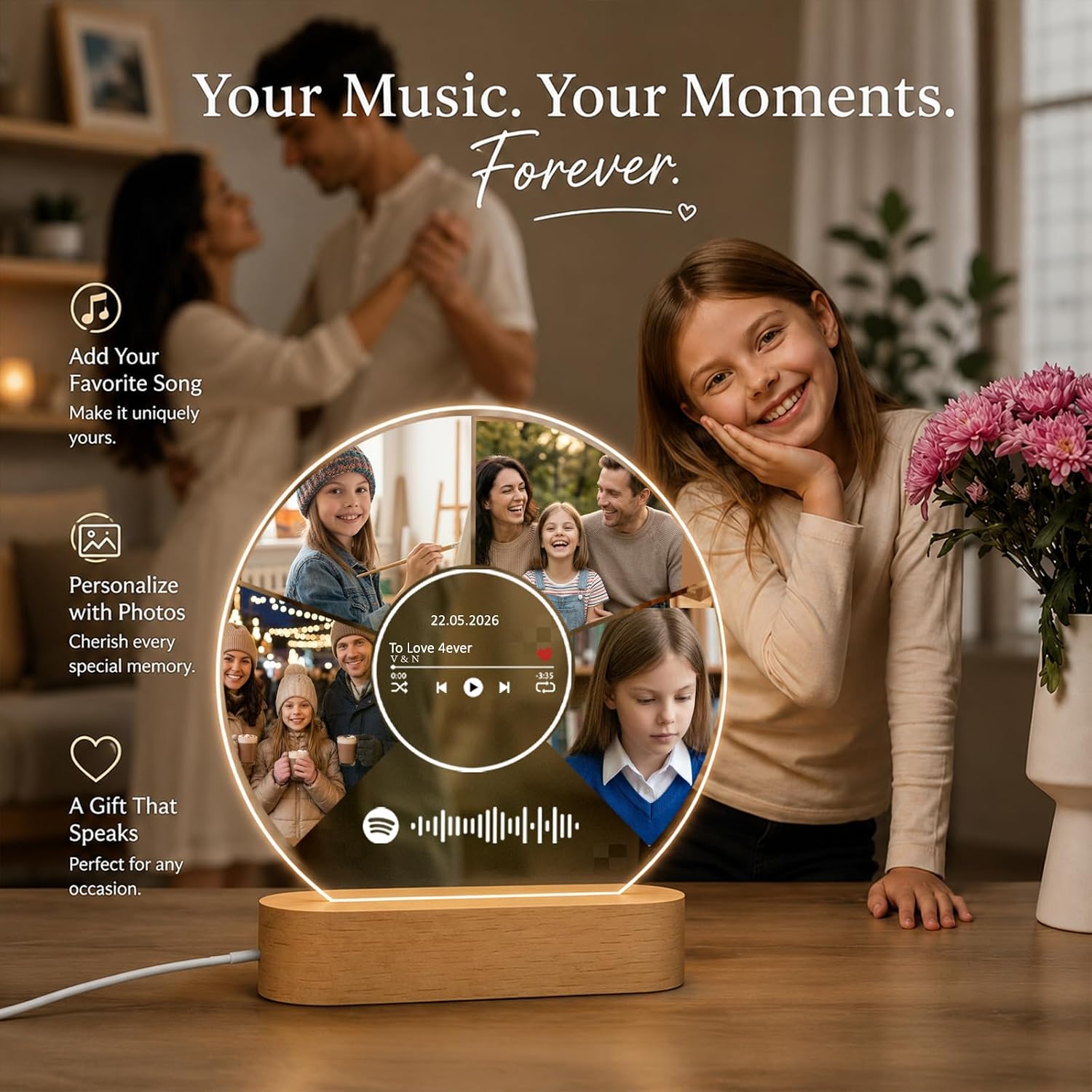 LOUISMIAA Personalized Vinyl Record with Custom Spotify Code, Acrylic LED Light Up Music Decor, Customized Couples Gifts for Anniversary Wedding, Scannable Song Plaque for Him Her, Home Office Shelf Display(Style D)