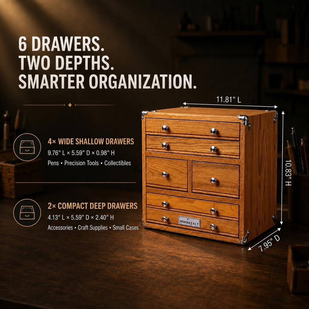 premium oak wood organizer chest, 6 drawer desktop shown in use