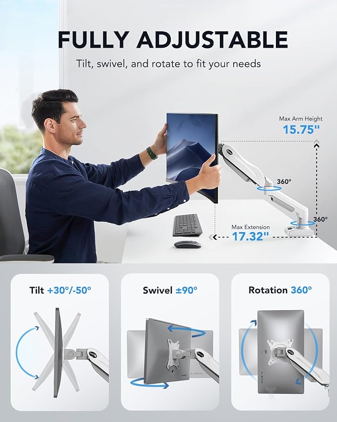 HUANUO Single Monitor Mount, 13 to 32 Inch Gas Spring Monitor Arm, Adjustable - Image 4