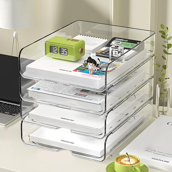 OUTIOE 4-Tier Paper Organizer for Desk, Stackable Desk Organizer Paper Tray - Image 2