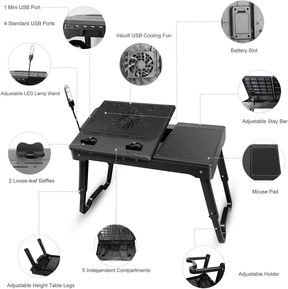 Imountek Adjustable Laptop Table with Cooling Fans, Mouse Pad, and LED Light ...