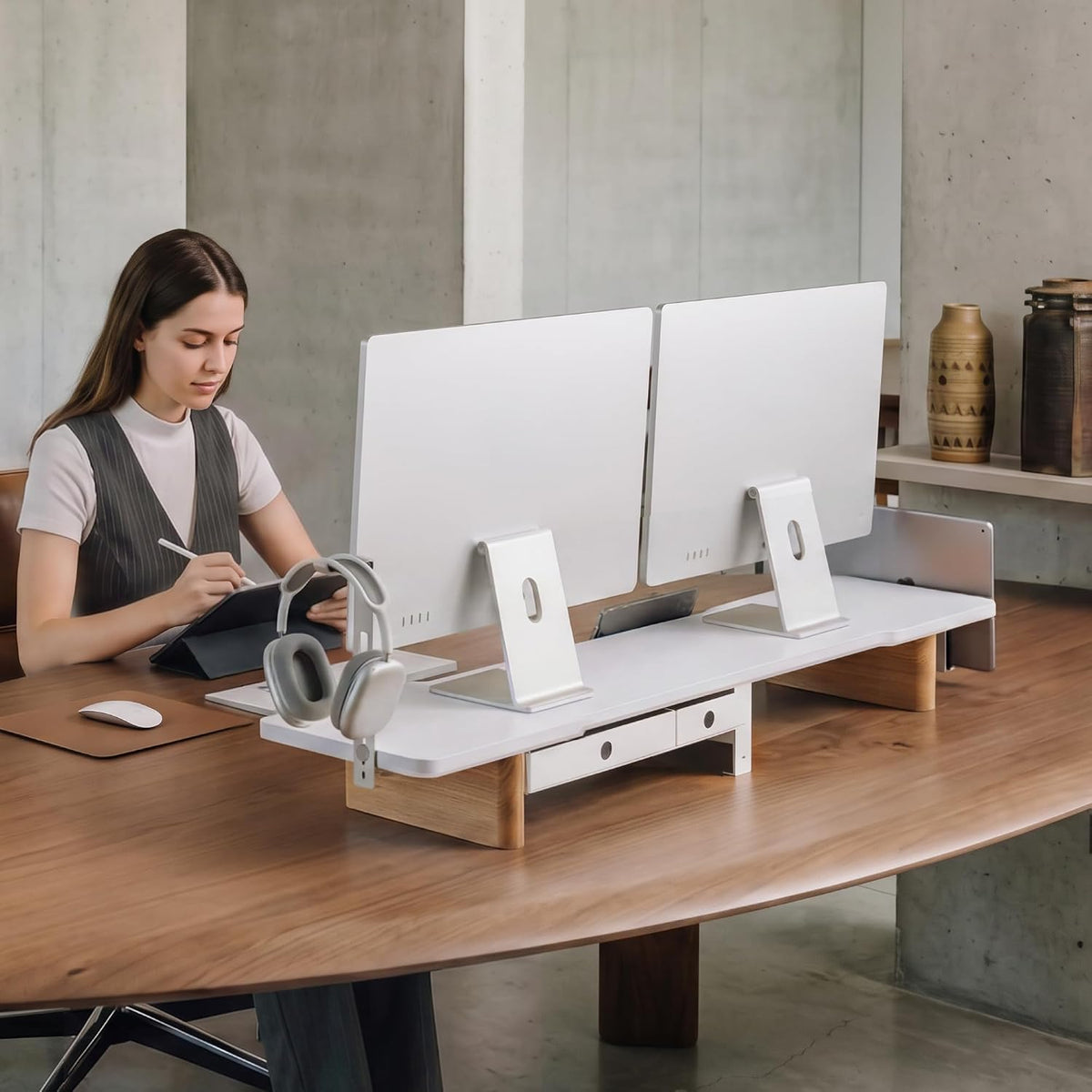 Fenge Modular Dual Monitor Stand Riser with Solid Ash Wood Leg, 42.5" White