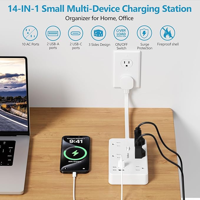 Surge Protector Power Strip 1 FT Flat Extension Cord ，10 AC Outlets & 4 USB - Image 3