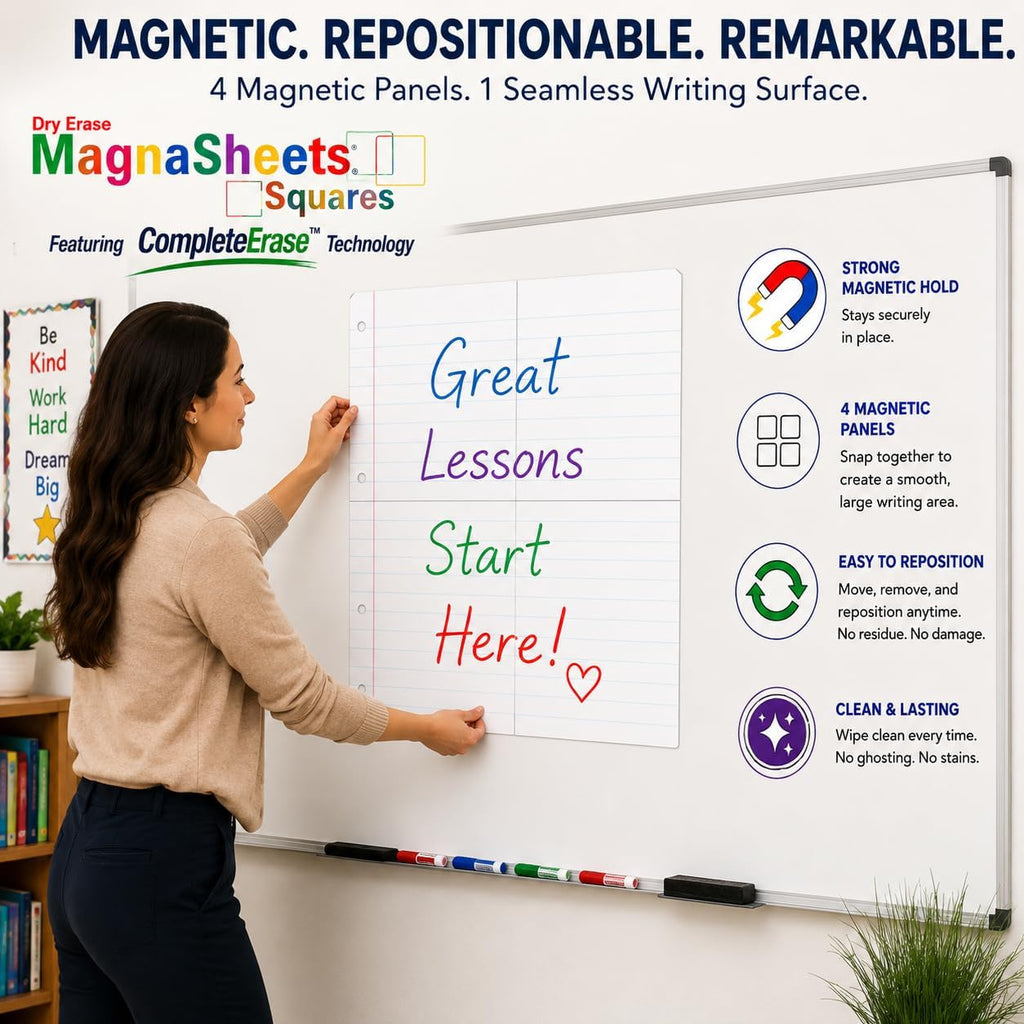 MAGNASHEET Squares Magnetic Dry Erase Notebook Paper for Classroom Whiteboards, Jumbo 22 x 28 Inch Teaching Sheet, 4 Panel Magnetic Writing Surface, Complete Erase PET Vinyl, Teacher Classroom Supplies