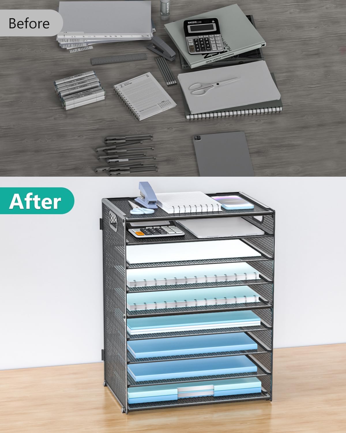 WALI Desk File Organizer, 9 Tier Desktop Paper Letter Tray Organizer with Han...
