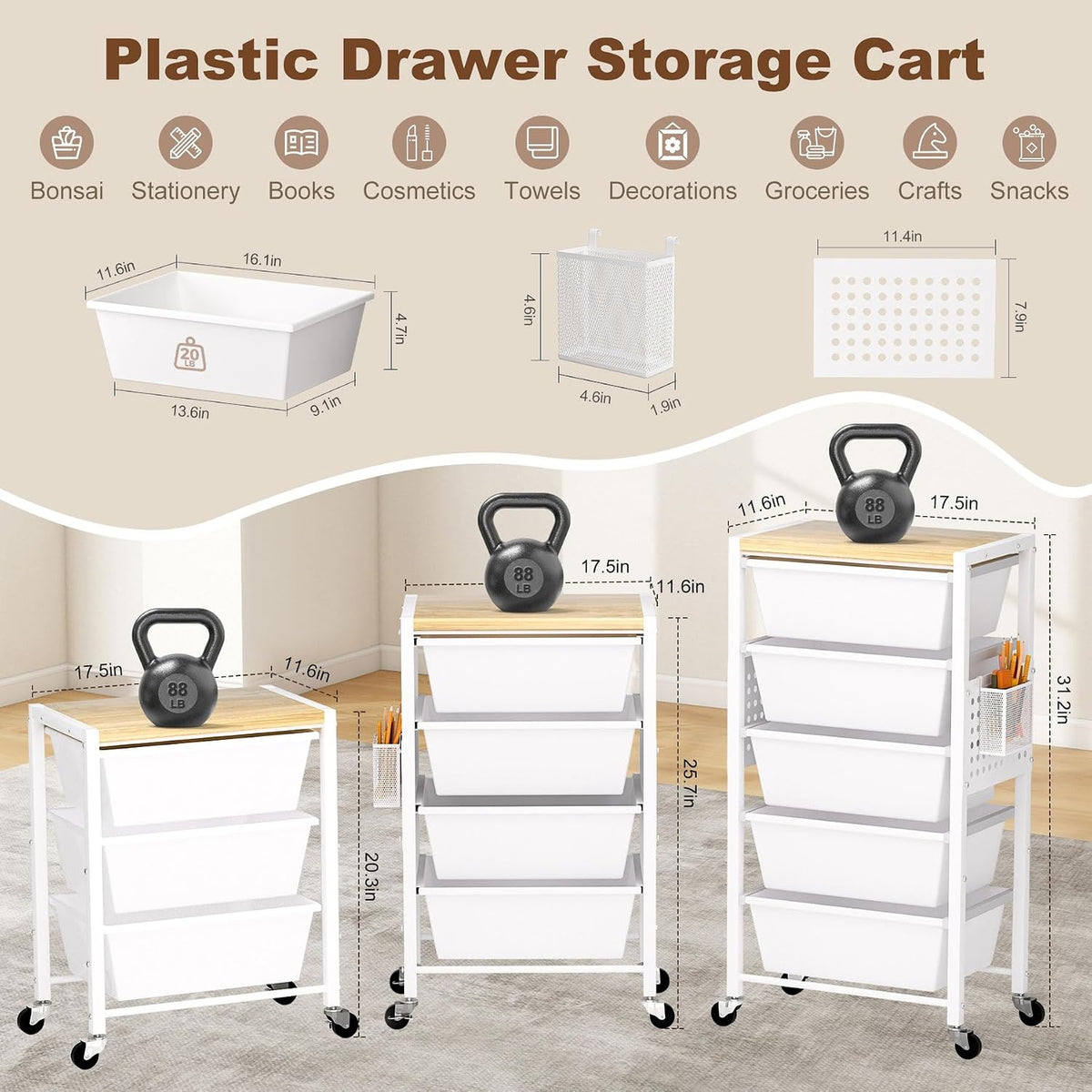 Rolling Cart with Drawers, Rolling Storage Cart with 5 Large Plastic Drawers ...