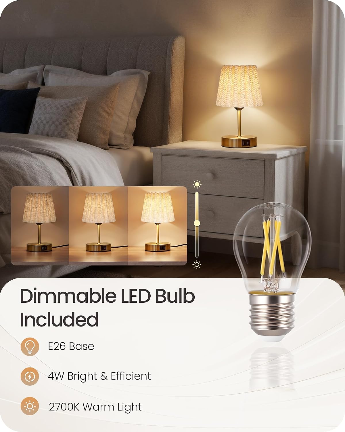 Small Bedside Table Lamp, Touch Dimmable Table Lamp with USB Ports, Nightstan...