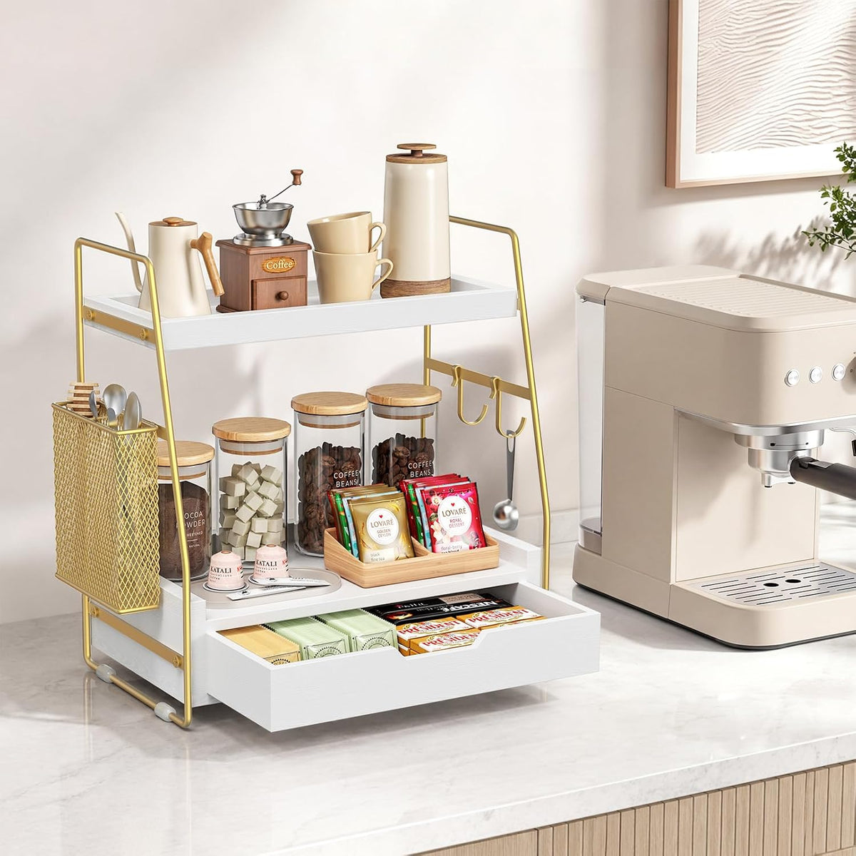 2-Tier Bathroom Counter Organizer with Drawer, Wood Counter Storage Shelf