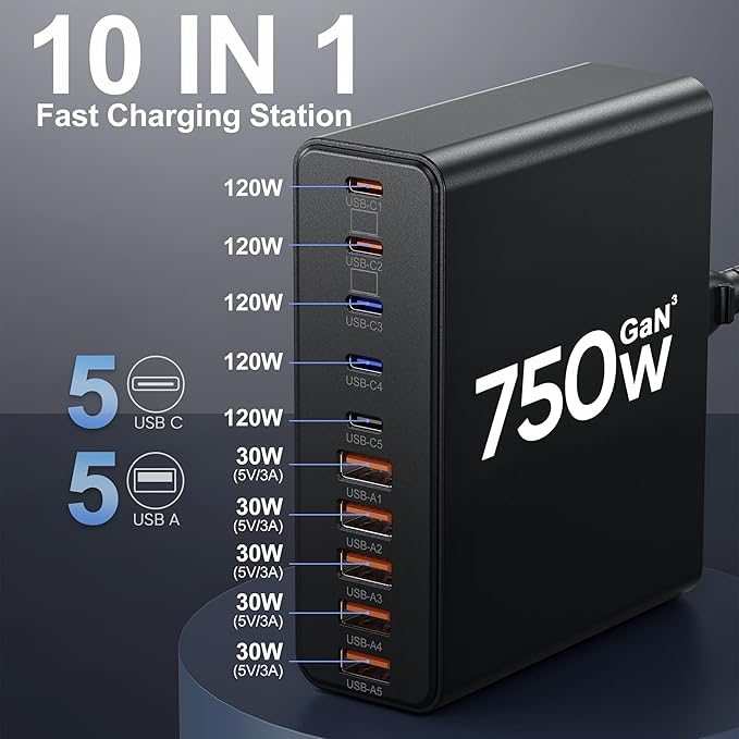 750W USB C Charger Block, 10-Port Charging Station GaN Fast Charging Type C & - Image 2