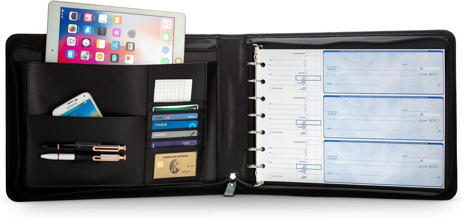 Inkline 7 Ring Check Binder Portfolio -Professional PU Leather Binder with Zippered Closure -500 Check Capacity -9x13 Inch Sheets -Document & Card Organizer - Large Tablet Pocket - Black (80001)