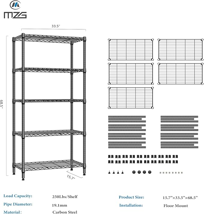 M MZG 1250 lbs 5 Tier Shelf Metal Storage Shelves Shelving Wire Rack Heavy Duty - Image 7