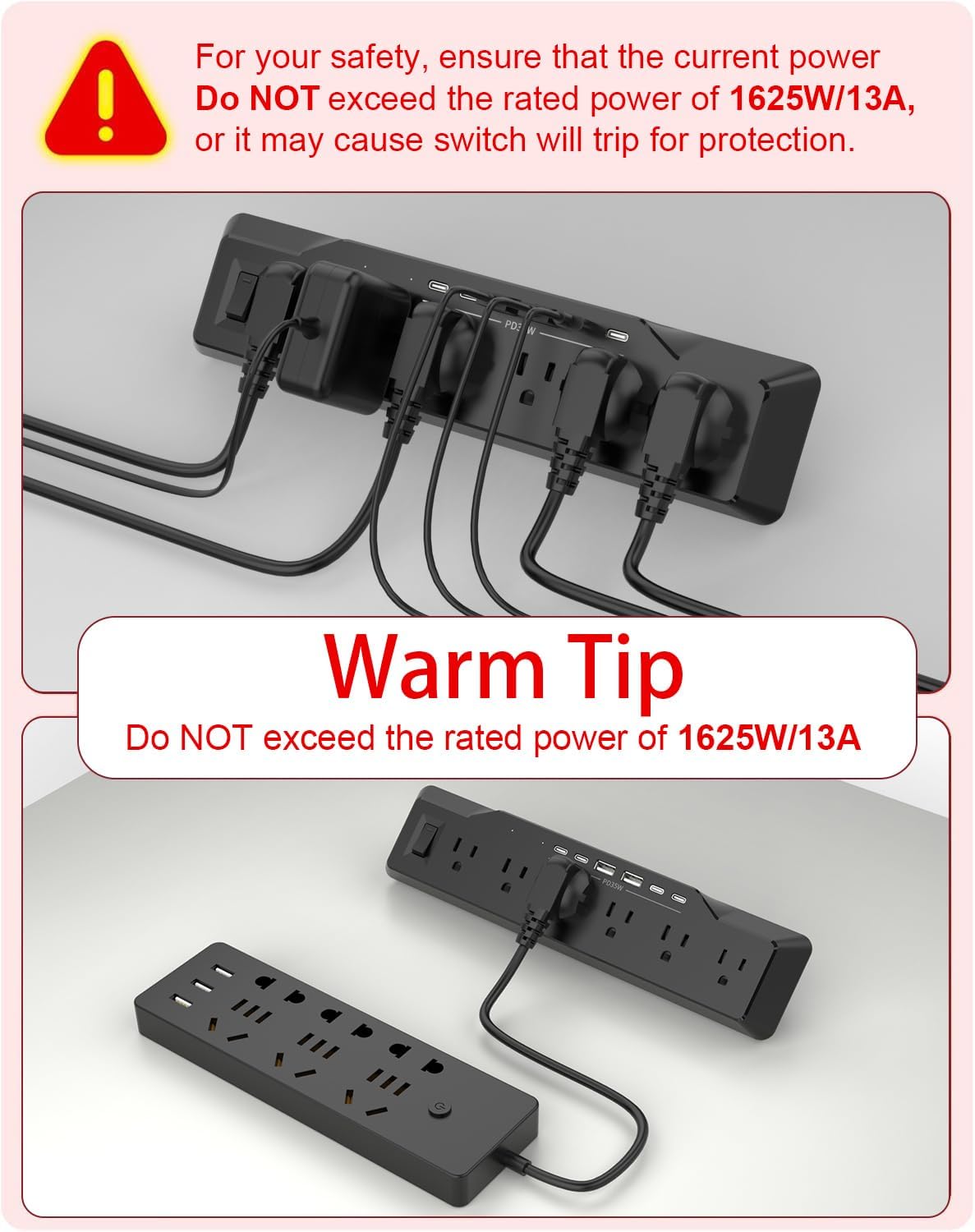 Desk Clamp Power Strip Surge Protector, 6 Outlets, Flat Plug, 1800J, 4 USB-C ...