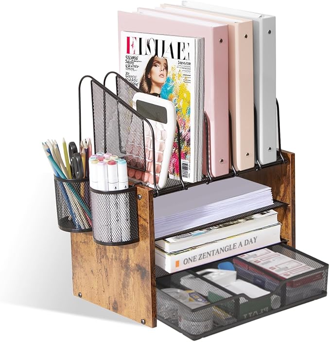 Y YOMA Wooden Desk Organizer, 4-Tier Mesh Desk Organizer by YYOMA
