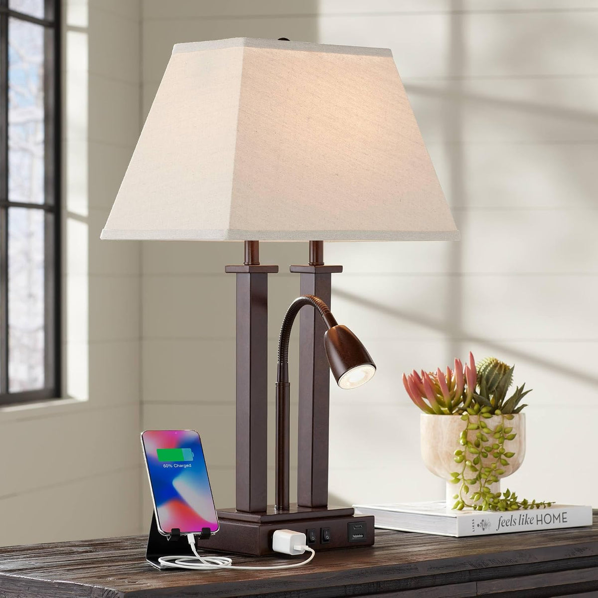 Deacon 26" Tall Desk Lamp Gooseneck USB and Outlet Bronze Brown LED Modern