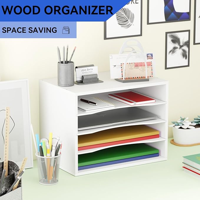 GDINDINFAN Wood Desktop Letter Tray File Organizer, Paper Storage Mail Sorter - Image 2