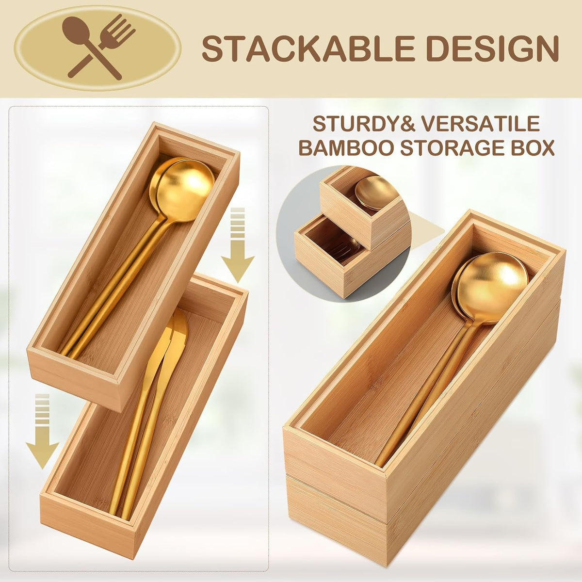 Kigley 8 Pcs Bamboo Kitchen Drawer Organizer, 9x3x2 Inch, Wood