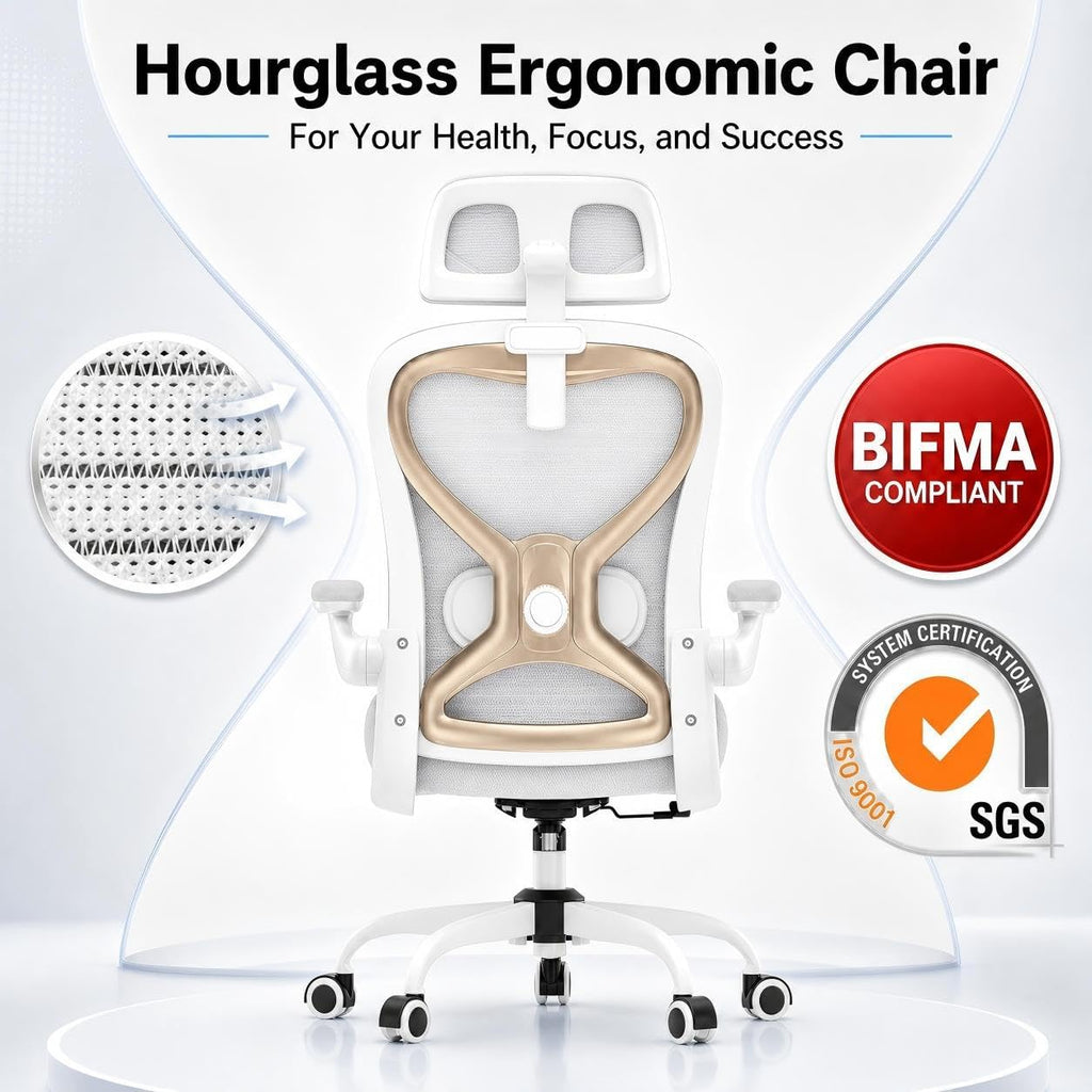 Ergonomic Office Chair for Back & Neck Pain Relief, Virgin Foam Seat, 2D Adjustable Lumbar & 3D Headrest, Tilt & Rock for Relaxation, Ideal for Long Sitting Comfort, White/Gold