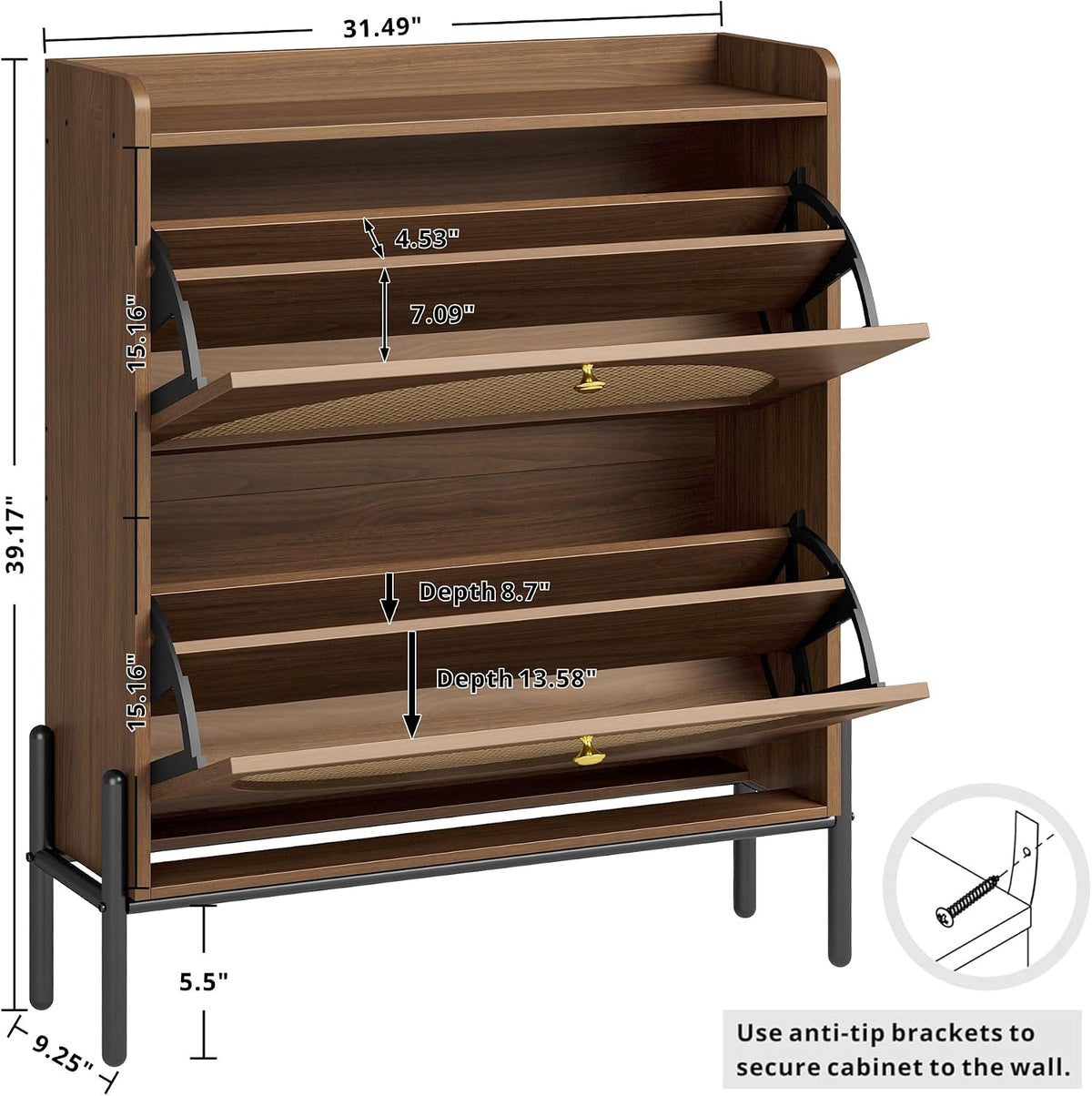 IRONCK Rattan Shoe Cabinet Storage with 2 Flip Drawers, Walnut