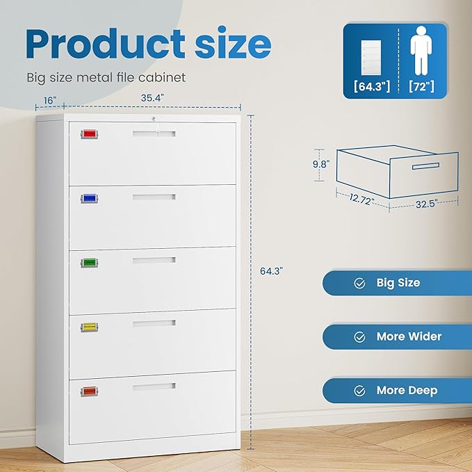 PEUKC 5 Drawer File Cabinet, Lateral Filing Cabinets - Image 2