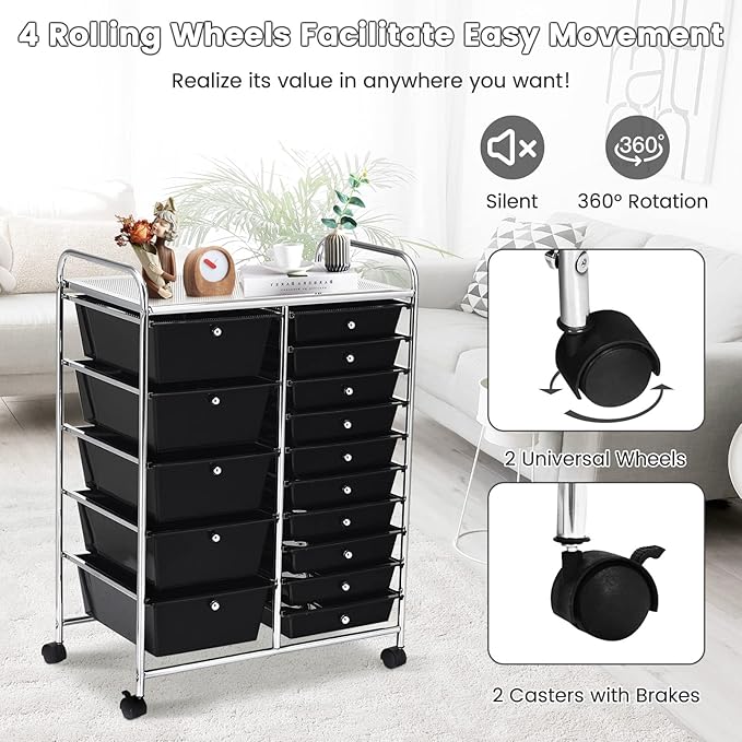 COSTWAY 15 Drawer Rolling Storage Cart, Utility Tools Paper Organizer on Wheels - Image 6