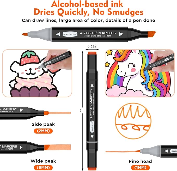 HOMESILMO 48 Color Alcohol Pen Set, Double Tip Art Adult Alcohol Pen, Mixed - Image 2
