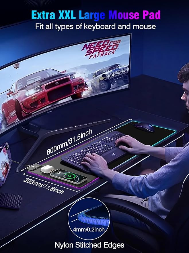 Mouse Pad with Magnetic Wireless Charging, Large Desk Pad Protector, RGB Black - Image 5