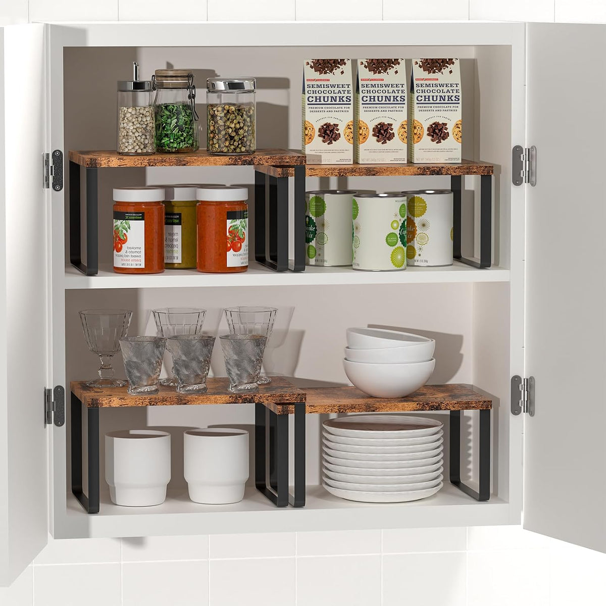 CADUKE Set of 4 Counter Shelves Kitchen Cabinet Shelf Organizer Brown