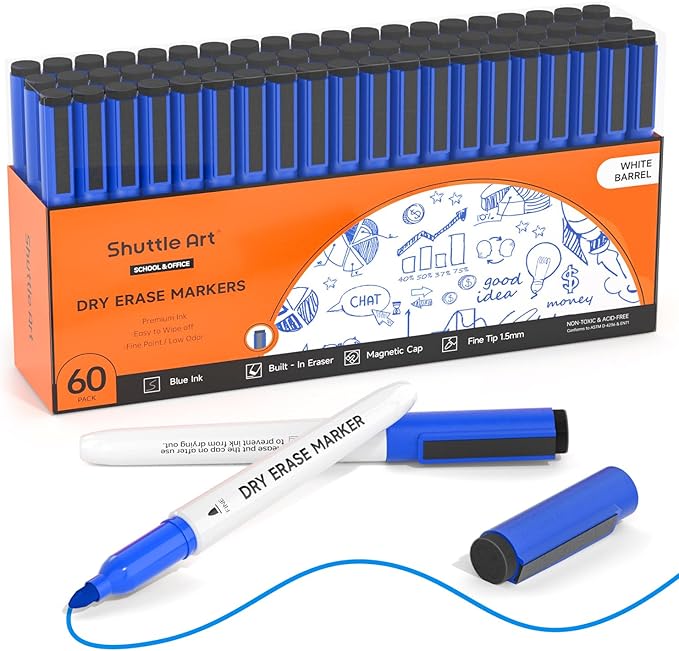 Shuttle Art Blue Dry Erase Markers, 60 Pack Magnetic Whiteboard Markers by ShuttleArt