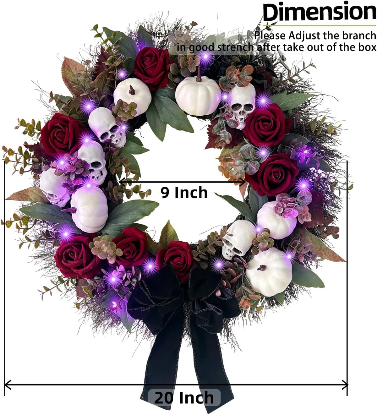 HipTree 20 Inch Gothic Halloween Wreath for Front Door with Purple Lights