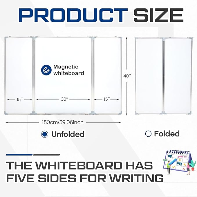 60” x 40” Foldable Whiteboard Dry Erase Board Large Tri Folding Whiteboard - Image 2