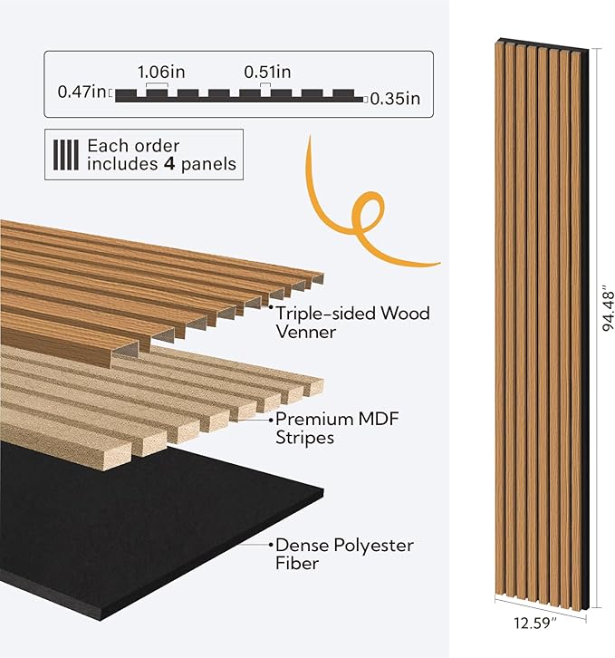 Olanglab Wood Slat Wall Panels 4 Pack, Wooden Acoustic Wall Panels, 94.5"x12.6" - Image 2