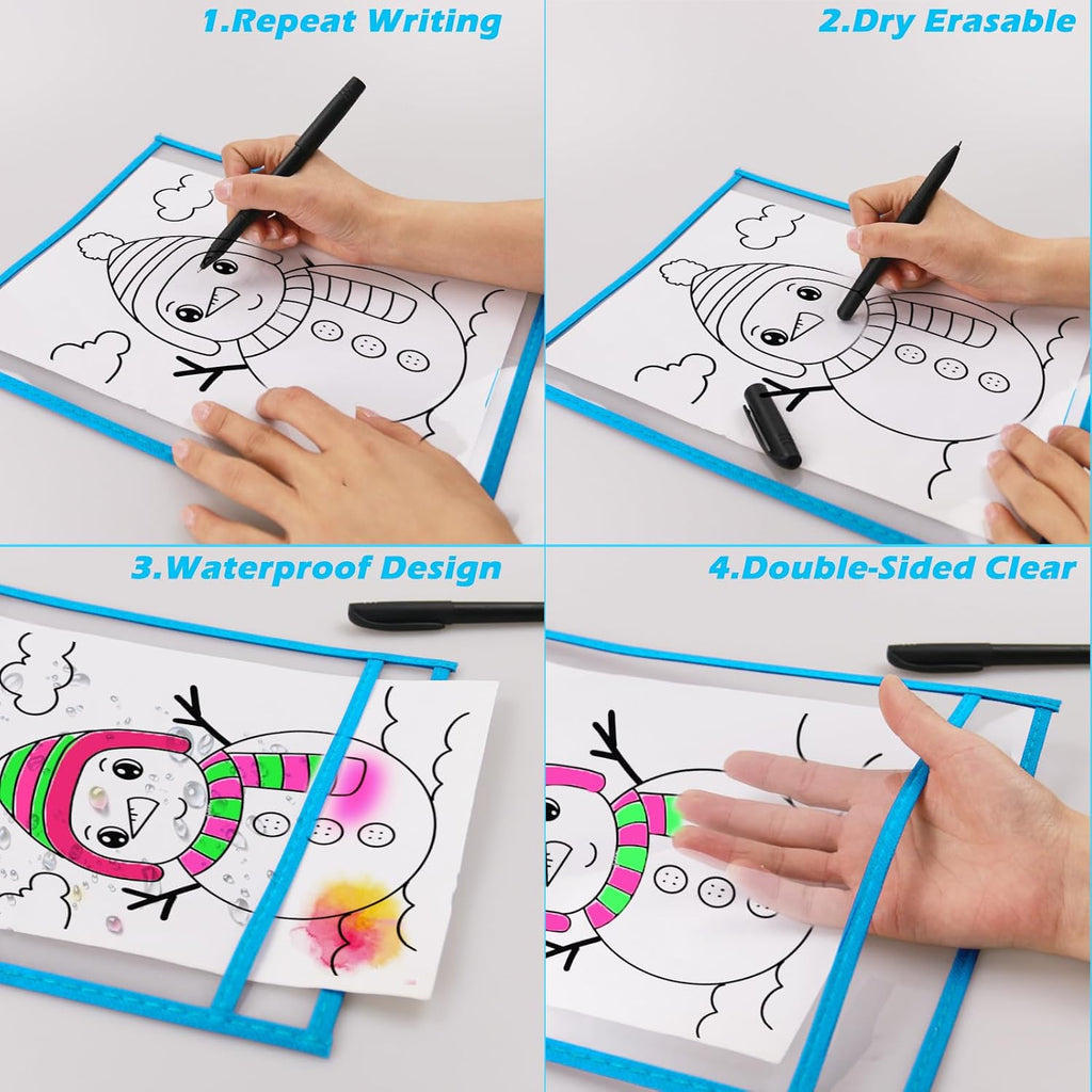 Oleitodh 100 Packs Oversized Reusable Dry Erase Pocket Sleeves with 6 Rings, 20 Assorted Colors 10x14 Ticket Holders, Clear Plastic Sheet Protectors, Teacher School Classroom Supplies