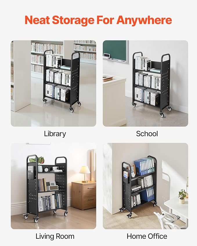 VEVOR Rolling Library Book Cart, 330 lbs Capacity, 30.3 x 15 x 48.0-Inch - Image 8