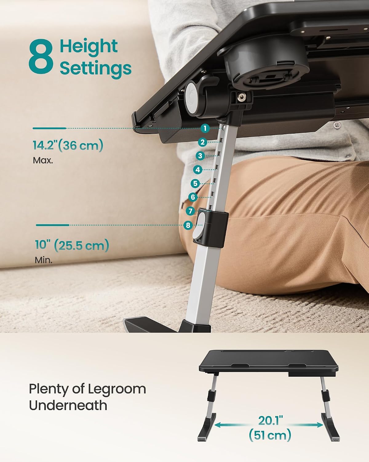 SONGMICS Bed Laptop Desk, Foldable, Adjustable Height, 15.7 x 22 Inches