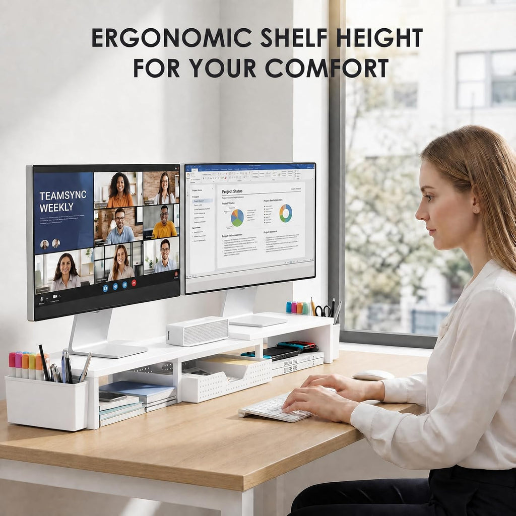 opnice desk organizers and accessories, dual monitor stand shown in use