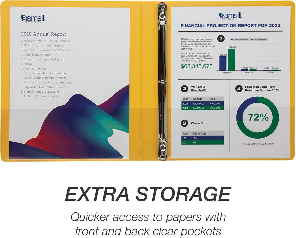 Samsill Economy 0.5 Inch 3 Ring Binder, Made in The USA, Round Ring Binder, Customizable Clear View Cover, Yellow (‎18515) (Pack of 2)