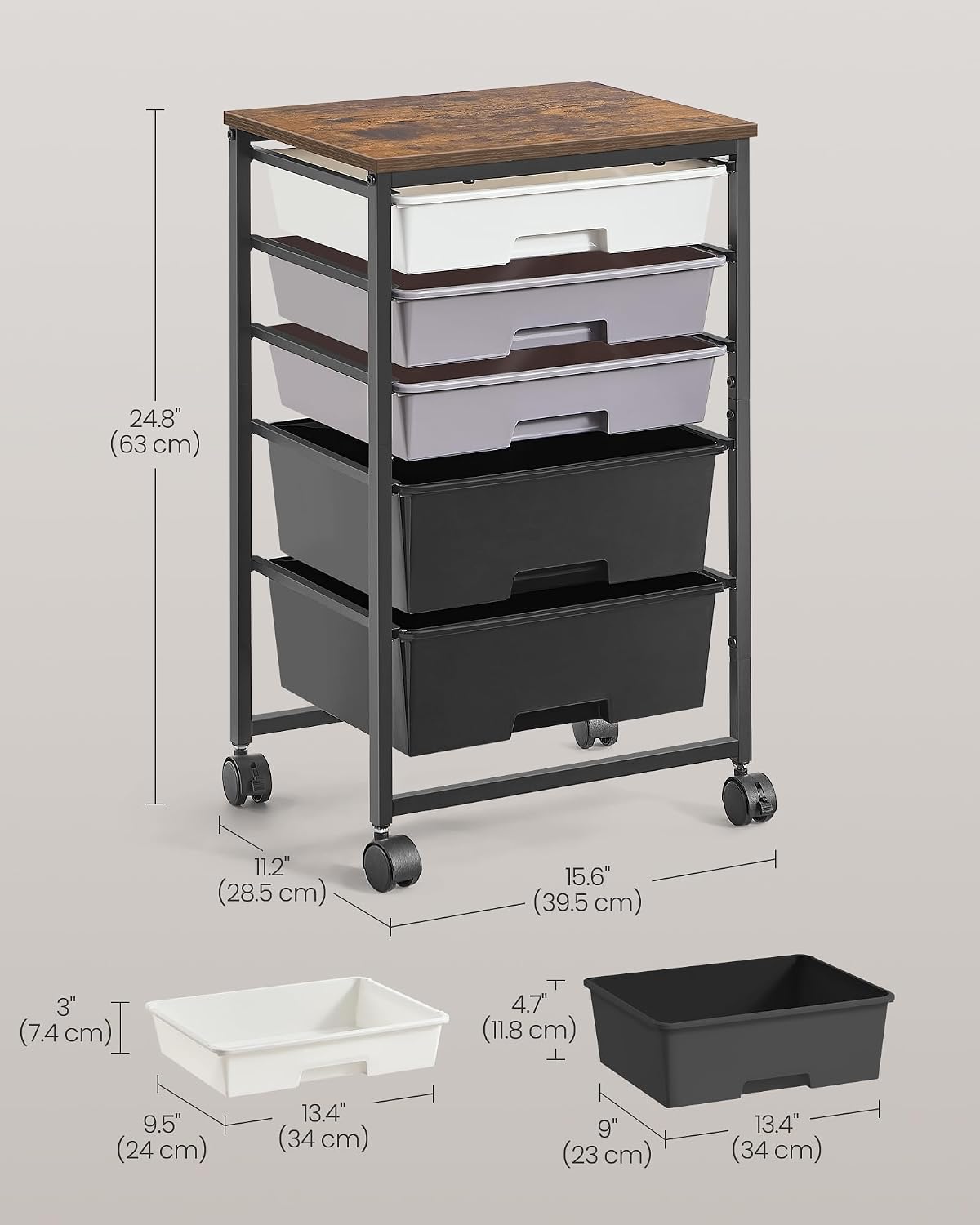VASAGLE Rolling Cart with Drawers,5 Drawers Storage Cart, Black