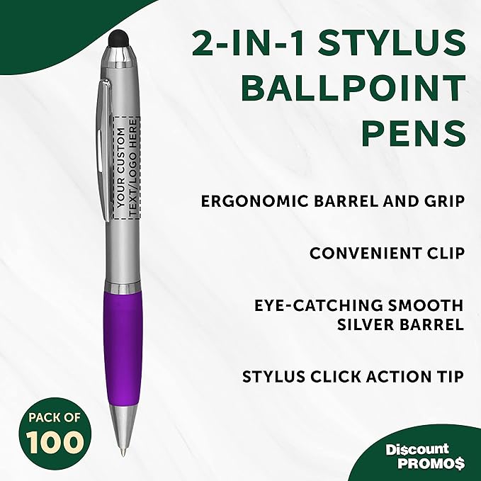 DISCOUNT PROMOS Custom Stylus Ballpoint Pens Set of 100, Personalized Bulk Pack - Image 3