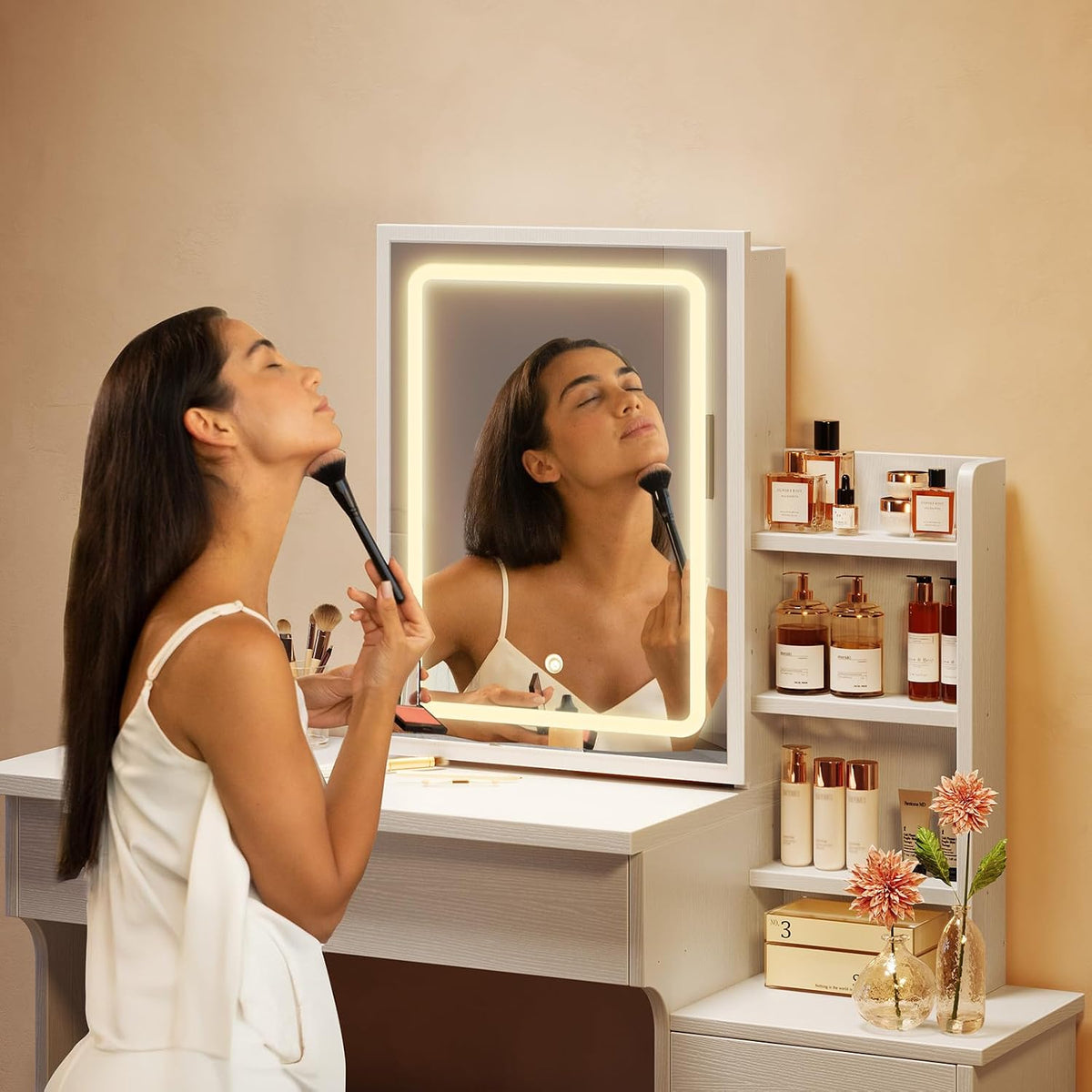 Memobarco White Makeup Vanity Desk with Sliding Mirror & 4 Drawers