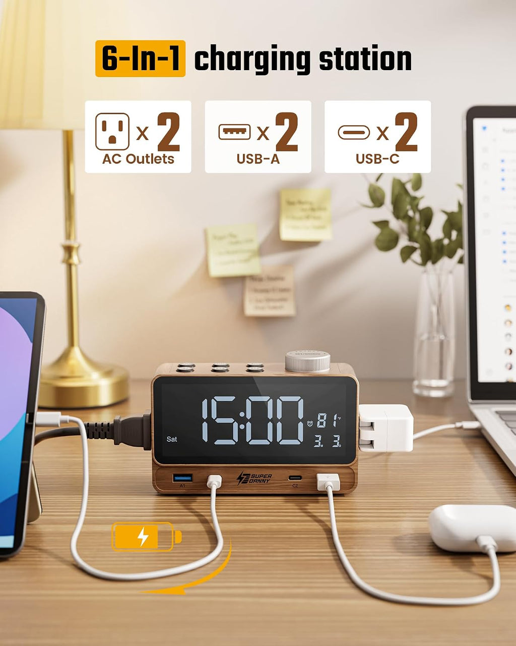 superdanny alarm clock with pd 20w, 4 usb, close-up detail
