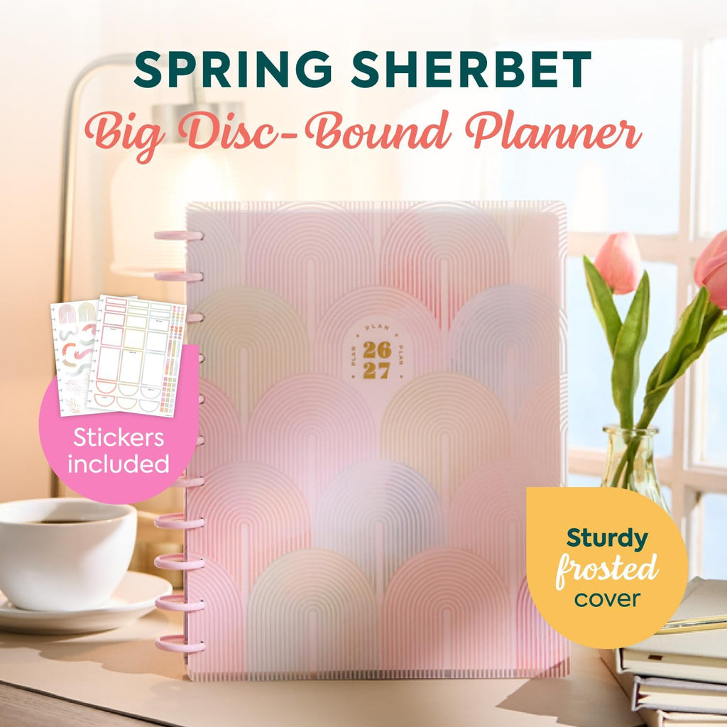 Happy Planner Disc-Bound Planner July 2026–June 2027, Big Size | Includes 3 extra months and 2 sticker sheets, 8.5" x 11", Dashboard Layout, Spring Sherbet theme