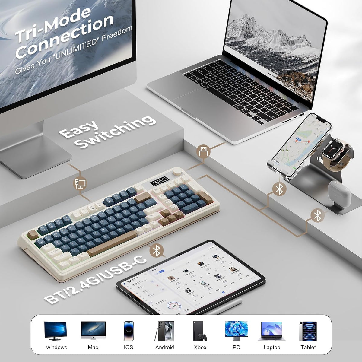 AULA S99 Pro Wireless Keyboard, Gaming Keyboards Media Knob Custom RGB Backli...