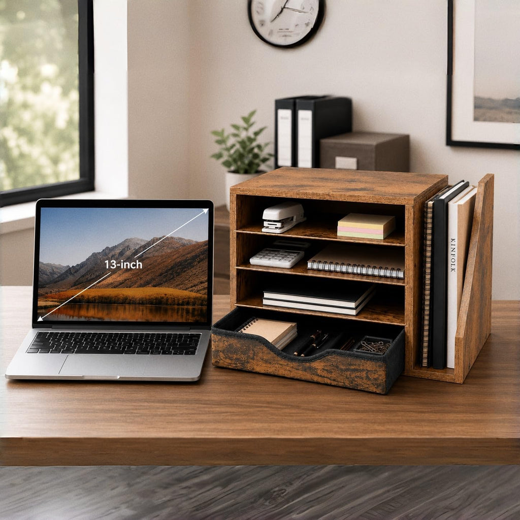 wooden desk organizer with drawers, office paper mail, side view