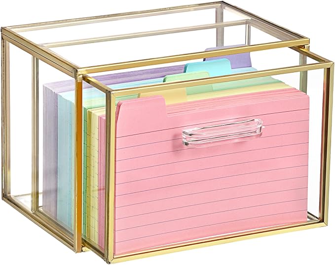 BTSKY Golden Glass Index Card Organizer Box, 3x5 Inch Index Cards Holder by BTSKY