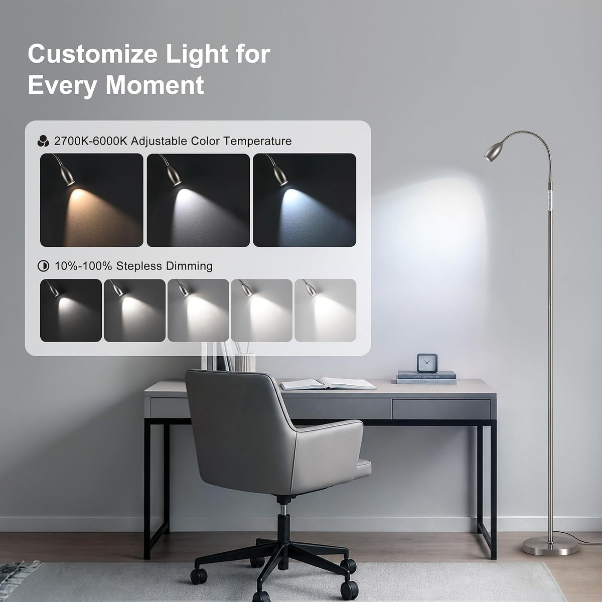 72" Reading Floor Lamp,Gooseneck LED Lamp with Zoomable Spotlight,Nickel