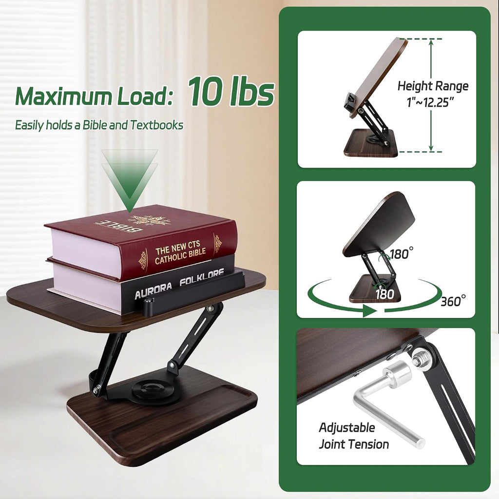 Book Stand for Reading, 360° Rotating Book Holder for Desk, Heavy Duty Bible Stand with Page Clips, Adjustable Height for Thick Textbooks, Cookbooks, Music Book