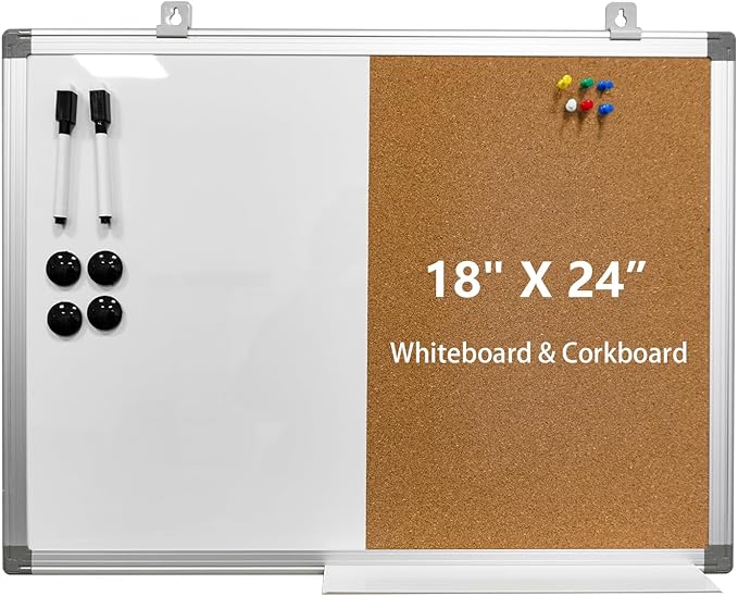 Combination Writeboard 24"x 18" Magnetic Whiteboard & Cork Board Aluminium by YoupuStationery