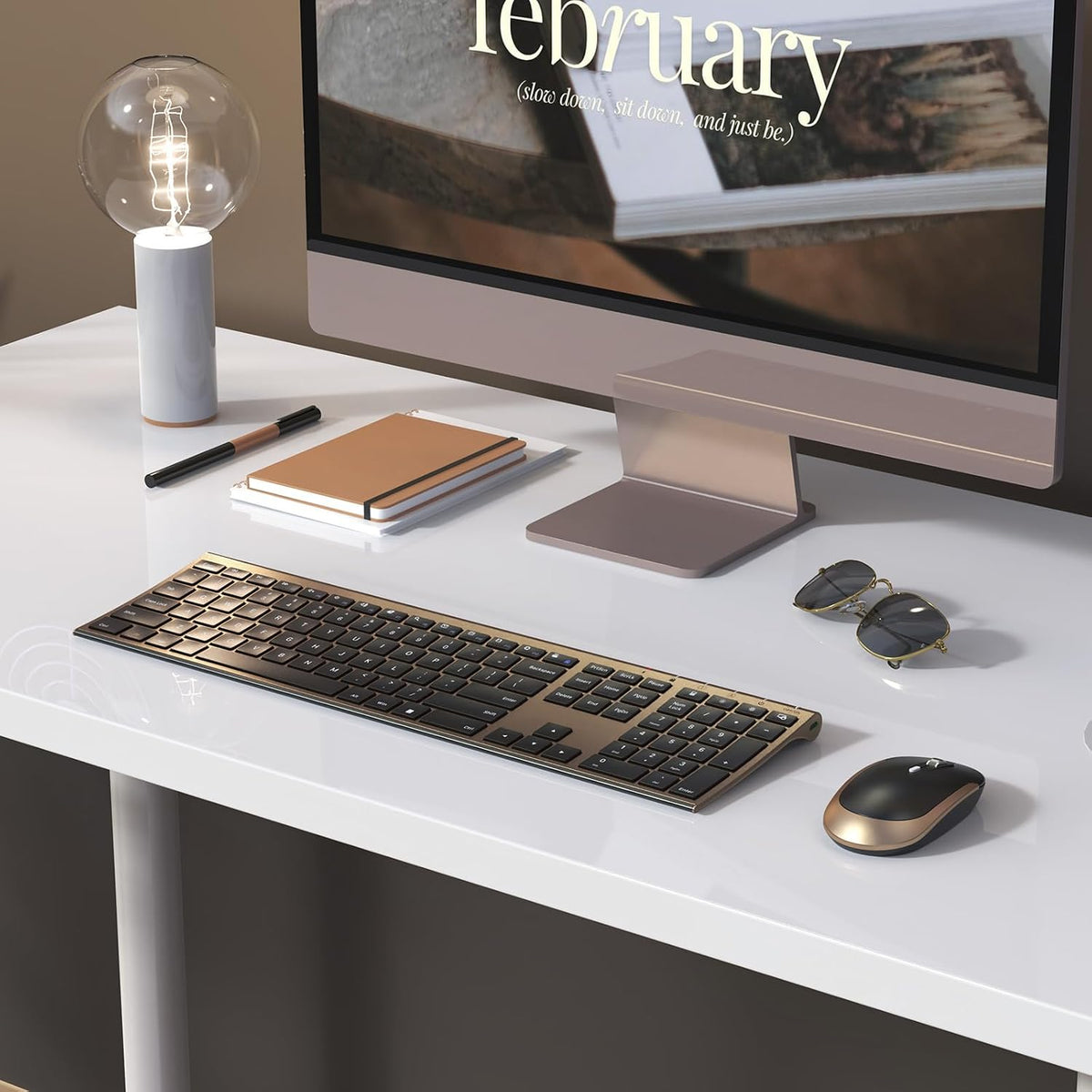 Vssoplor Wireless Keyboard and Mouse, Rechargeable Ultra Slim, Black Gold