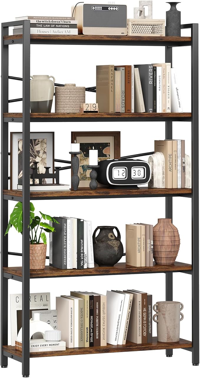 5 Tier Bookshelf 31.49" Width, Tall Book Shelf Storage and Organization by Homeiju