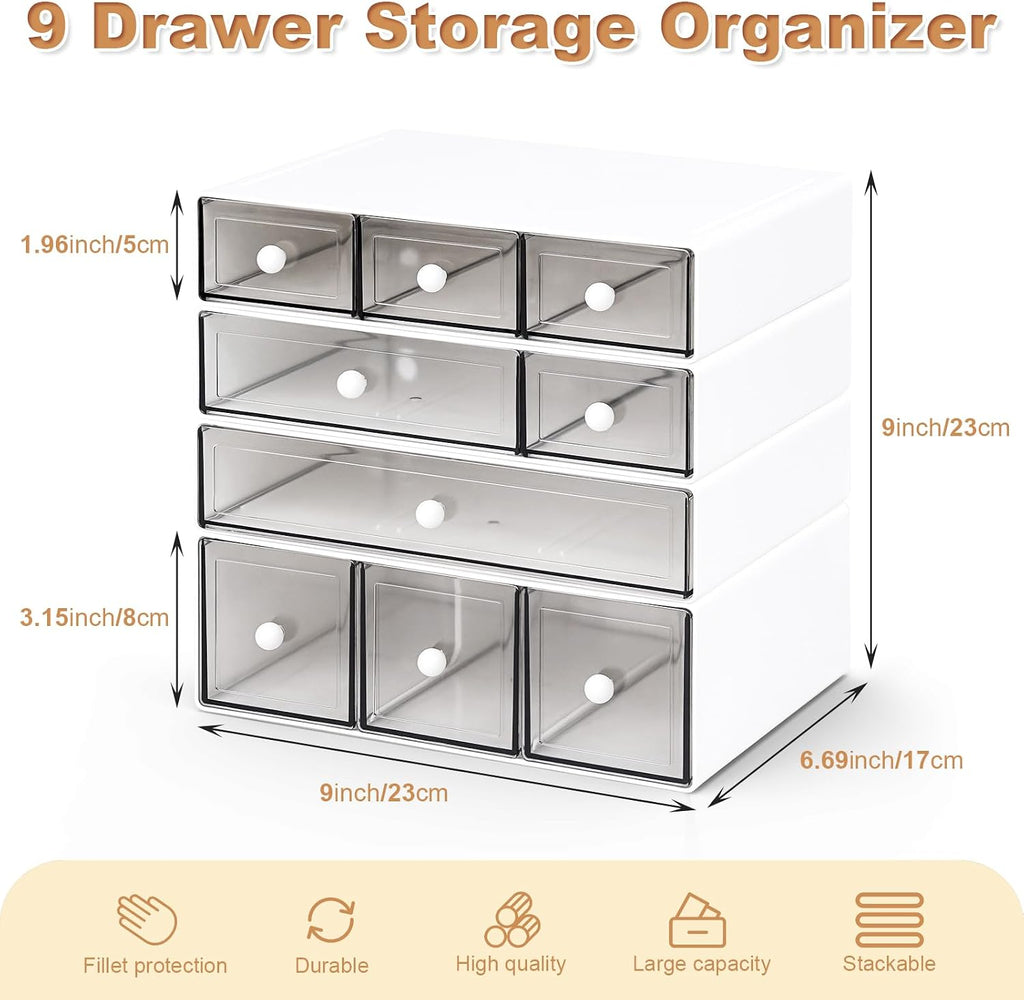 desk organizer with 9 drawers, 4 tier plastic shown in use